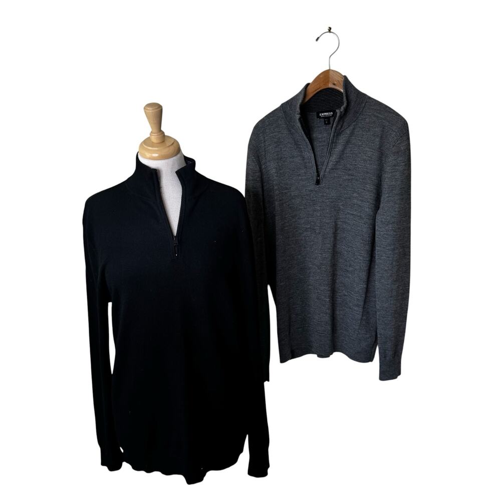EXPRESS Set of (2) Merino Wool Blend Mock Neck Quarter Zip Sweaters Black Gray M
